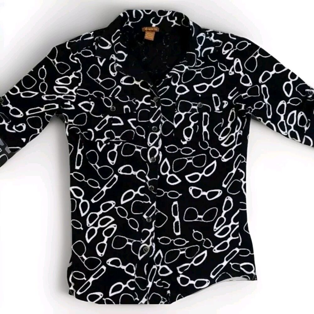 Copper Key Girls Size Small Button Down Black Shirt Glasses AOP Fast Shipping